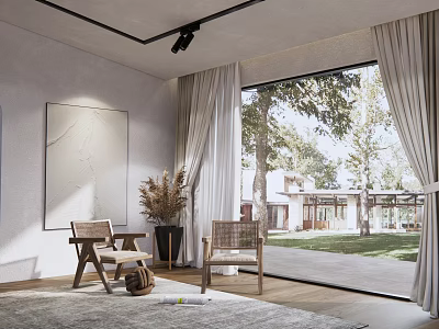 Modern Interior With Light Curtains And Large Window View Of Trees And Garden 3d model