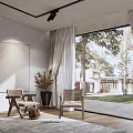 Modern Interior With Light Curtains And Large Window View Of Trees And Garden
