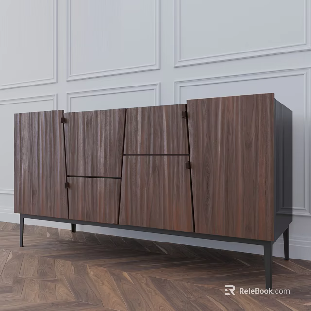 Modern Wooden TV Stand With Walnut Texture Storage Cabinets And Black Metal Legs 3d model 