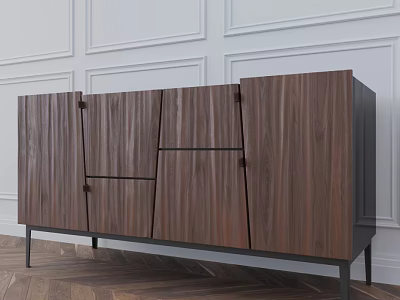 Modern Wooden TV Stand With Walnut Texture Storage Cabinets And Black Metal Legs 3d model