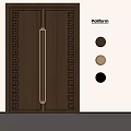 Elegant Dark Brown Security Door Design With Geometric Pattern Frame And Brass Long Handle 3d model
