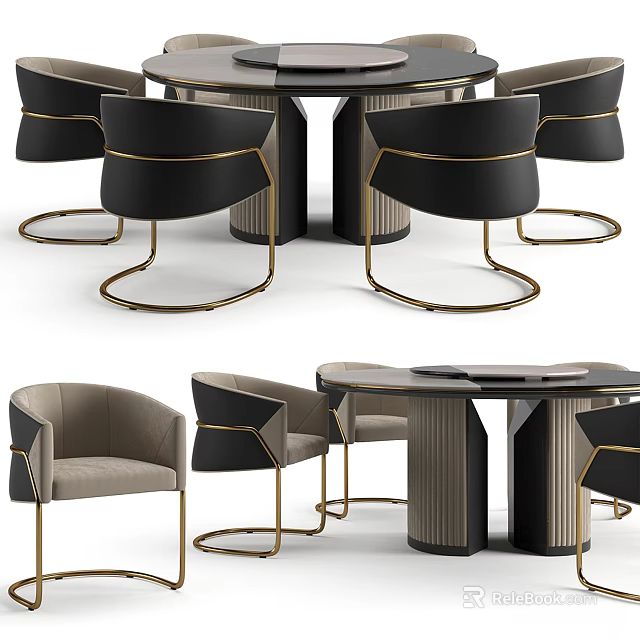 Elegant Modern Dining Table Set With Black Leather Chairs And Gold Metal Frames 3d model 