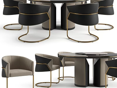 Elegant Modern Dining Table Set With Black Leather Chairs And Gold Metal Frames 3d model
