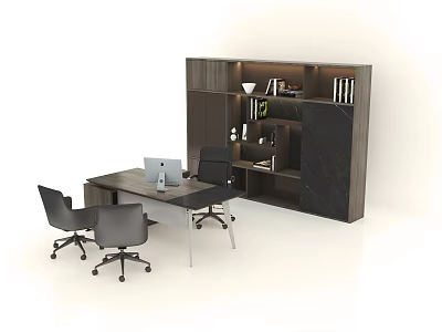 Modern Office Desk With Laptop Two Chairs Bookshelf Cabinet And Decorations 3d model