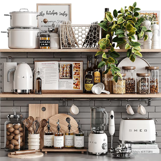 Stylish Kitchen Shelves Displaying Modern Kitchenware With Plants Jars Spices Blender And Cutting Boards 3d model 
