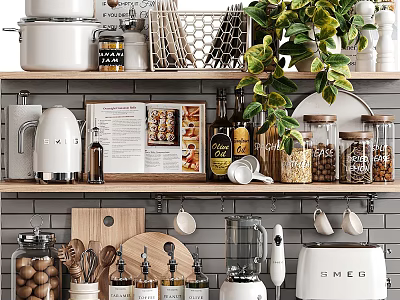 Stylish Kitchen Shelves Displaying Modern Kitchenware With Plants Jars Spices Blender And Cutting Boards 3d model