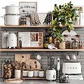 Stylish Kitchen Shelves Displaying Modern Kitchenware With Plants Jars Spices Blender And Cutting Boards