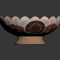 Decorative Household Bowl With Red And Black Floral Patterns Scalloped Edge And Copper Base