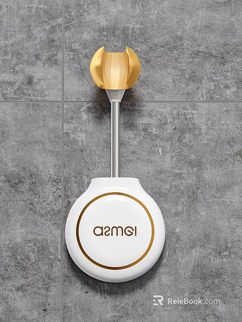 Bathroom Toilet Brush Holder With White Base Gold Accents And Gray Tile Background 3d model 