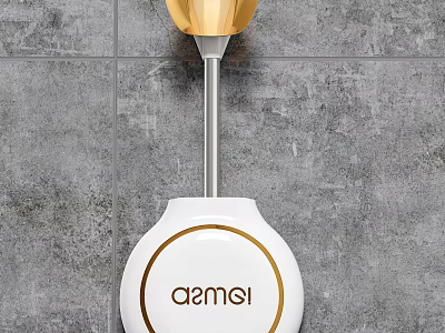 Bathroom Toilet Brush Holder With White Base Gold Accents And Gray Tile Background 3d model