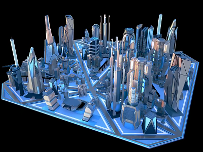 Futuristic Urban Architecture With Modern Skyscrapers Geometric Design And Lighting Effects 3d model