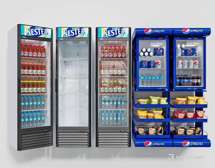 Commercial Glass Door Display Refrigerators Stocked With Nestle Pepsi Beverages And Frozen Snacks 3d model 