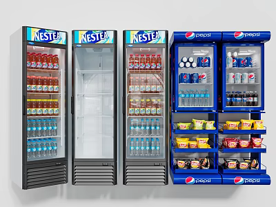 Commercial Glass Door Display Refrigerators Stocked With Nestle Pepsi Beverages And Frozen Snacks 3d model
