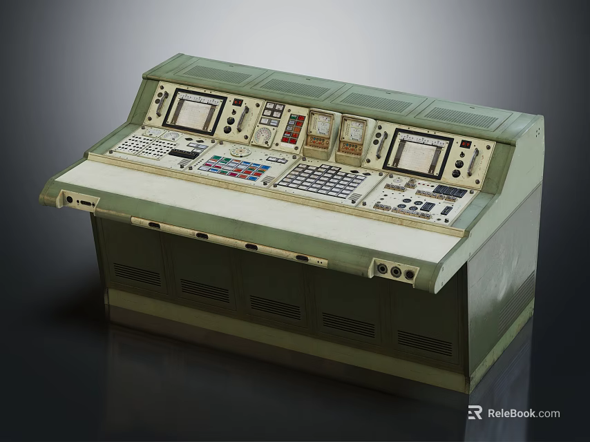 Industrial Control Console With Multiple Displays Control Panels Buttons And Green Beige Design 3d model 