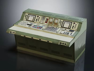 Industrial Control Console With Multiple Displays Control Panels Buttons And Green Beige Design 3d model
