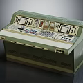 Industrial Control Console With Multiple Displays Control Panels Buttons And Green Beige Design