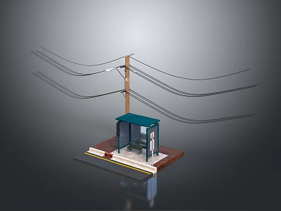 Urban Bus Stop Shelter With Utility Pole And Overhead Power Lines 3d model
