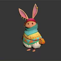 Cute Rabbit Character With Pink Headscarf Blue Scarf Colorful Geometric Top And Orange Bag