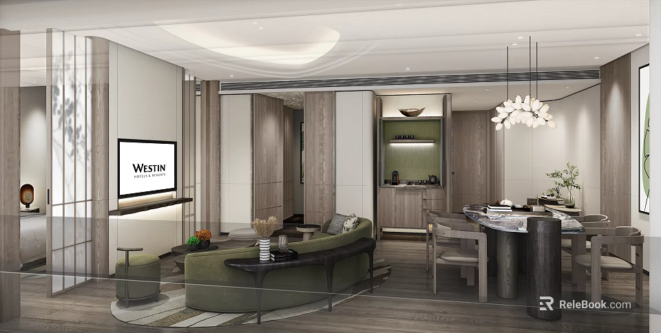 Modern Hotel Guest Room Interior With Green Sofa TV Chandelier And Wooden Furniture 3d model 