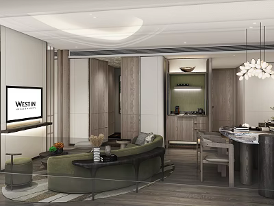 Modern Hotel Guest Room Interior With Green Sofa TV Chandelier And Wooden Furniture 3d model