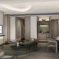 Modern Hotel Guest Room Interior With Green Sofa TV Chandelier And Wooden Furniture