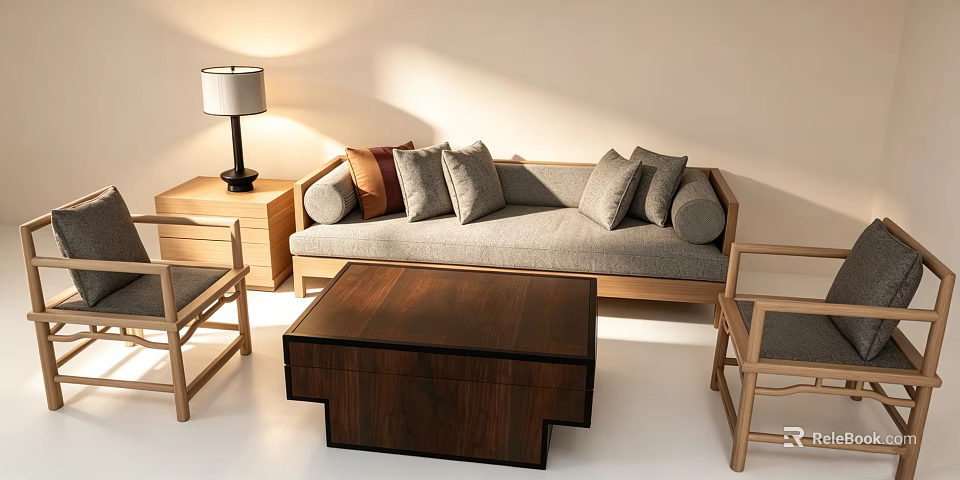 Minimalist Modern Sofa and Coffee Table Set with Multiple Cushions Wooden Side Table and Chairs 3d model 