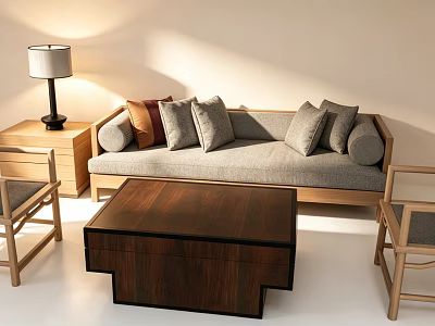 Minimalist Modern Sofa and Coffee Table Set with Multiple Cushions Wooden Side Table and Chairs 3d model