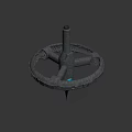 Futuristic Metallic Weapon Featuring Circular Ring Grid Details Central Cylinder And Blue Energy Thruster