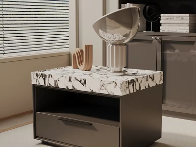 Modern Bedside Nightstand With Marble Top Dark Cabinet And Sculpture Decor Items 3d model