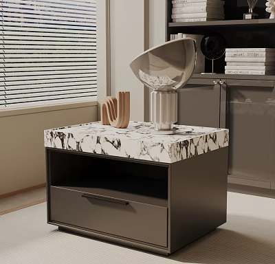 Modern Bedside Nightstand With Marble Top Dark Cabinet And Sculpture Decor Items 3d model