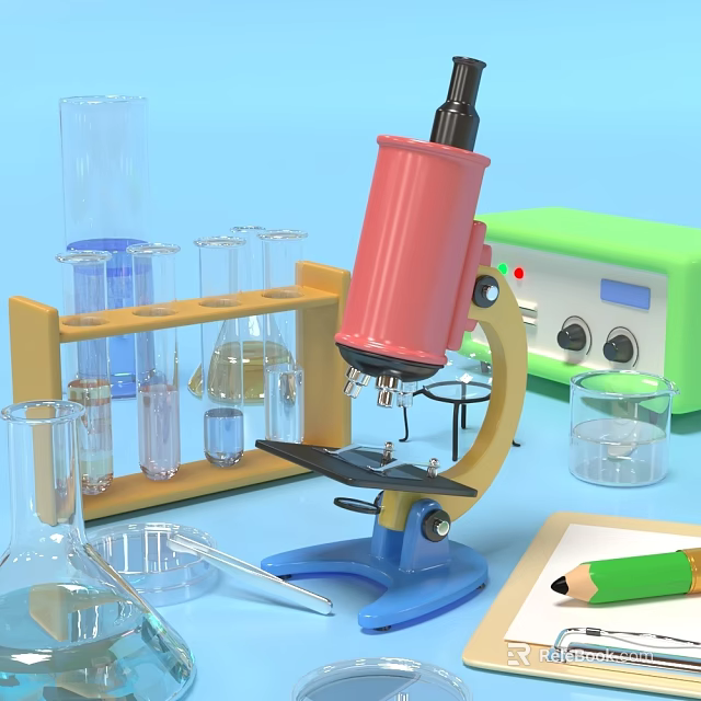 Laboratory Scientific Equipment Setup With Microscope Beakers Test Tubes Green Device And Pencil 3d model 