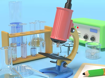Laboratory Scientific Equipment Setup With Microscope Beakers Test Tubes Green Device And Pencil 3d model