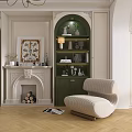 Elegant Living Room Interior With Arched Glass Door Green Cabinets Beige Sofa Armchair And Chandelier
