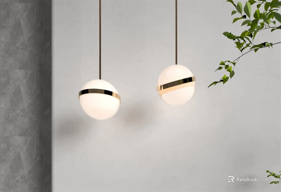 Two Spherical White Pendant Lights With Gold Accents Against White Wall And Green Leaves 3d model 