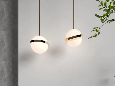 Two Spherical White Pendant Lights With Gold Accents Against White Wall And Green Leaves 3d model