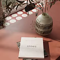 White Vase With Black Striped Pattern And Branches On Pink Surface With Stone Box