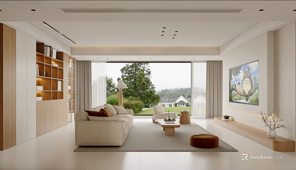 Modern Living Dining Room With Beige Sofa Wooden Bookshelf and Floor to Ceiling Window 3d model 
