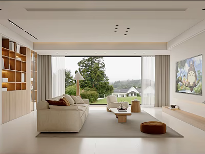 Modern Living Dining Room With Beige Sofa Wooden Bookshelf and Floor to Ceiling Window 3d model