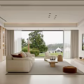Modern Living Dining Room With Beige Sofa Wooden Bookshelf and Floor to Ceiling Window