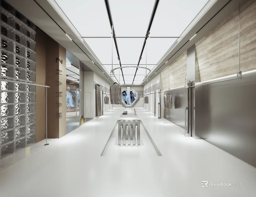 Modern Clothing Store Interior With White Flooring Hanging Lights Clothing Racks And Central Display Table 3d model 