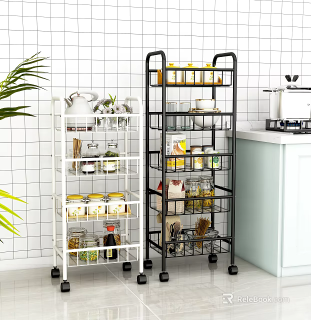 Black And White Multi Tier Kitchen Storage Racks With Wheels For Organizing Supplies 3d model 