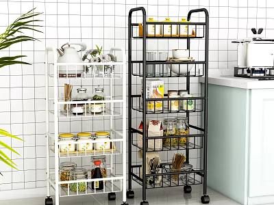 Black And White Multi Tier Kitchen Storage Racks With Wheels For Organizing Supplies 3d model
