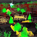Snowy Garden Landscape With Yellow Buildings Pine Trees And Frozen Pond