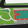 Outdoor Recreational Park Area With Green Paths Seats Black Fence And Basketball Court