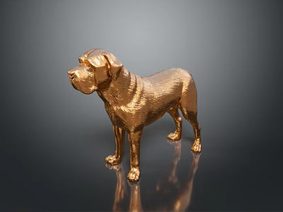 Detailed Golden Dog Statue With Metallic Shine On Reflective Black Base 3d model
