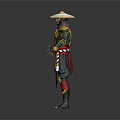 Game And Movie Character In Traditional Outfit With Conical Hat Yellow Red Accents