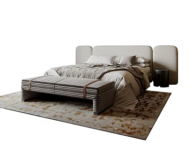 Modern Stylish Double Bed With Cozy Bedding Pillows And Bed Bench On Patterned Area Rug 3d model