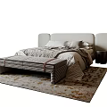 Modern Stylish Double Bed With Cozy Bedding Pillows And Bed Bench On Patterned Area Rug