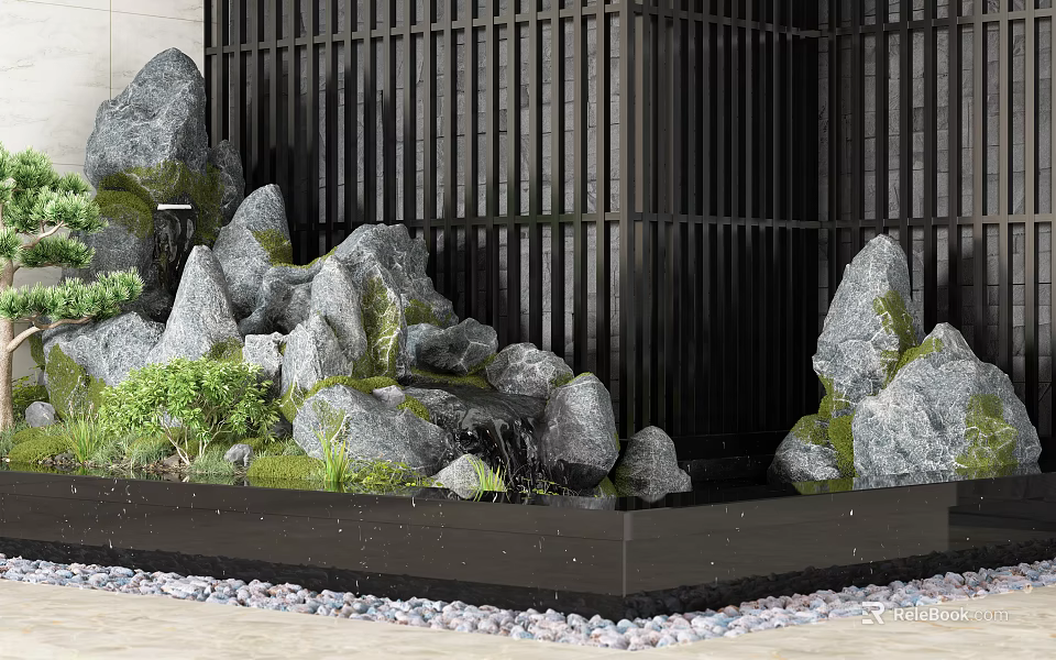 Garden Ornament Featuring Rockery Moss Green Plants Black Lattice and Small Water Pool 3d model 
