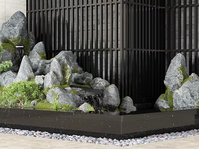 Garden Ornament Featuring Rockery Moss Green Plants Black Lattice and Small Water Pool 3d model